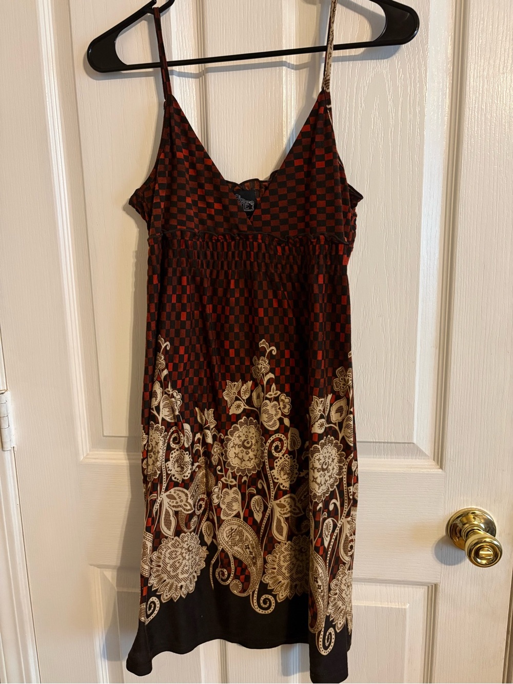 Angie Black and Brown Checkered Midi Dress with Cream Floral Border